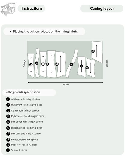 ELYSIA maxi dress sewing pattern 
PDF showing the lining fabric cutting 
layout with labeled bodice and skirt 
pieces