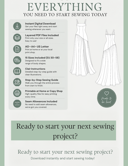 ELYSIA dress sewing pattern PDF 
package with layered files, A0, A4 
and US Letter printing formats, 15 
EU sizes and illustrated sewing 
instructions.