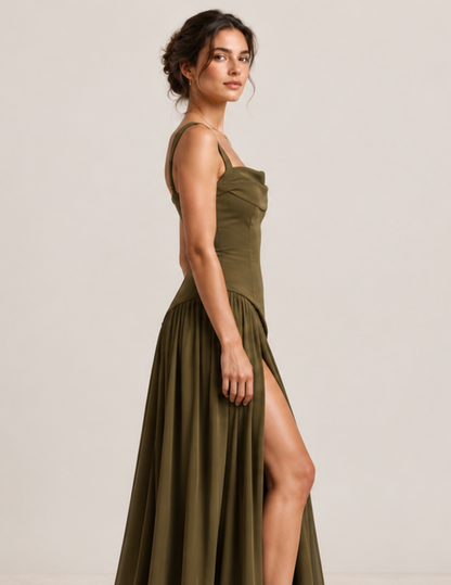 Side view of the ELYSIA evening 
gown sewing pattern highlighting 
the fitted silhouette, wide straps, 
asymmetrical bodice hem a