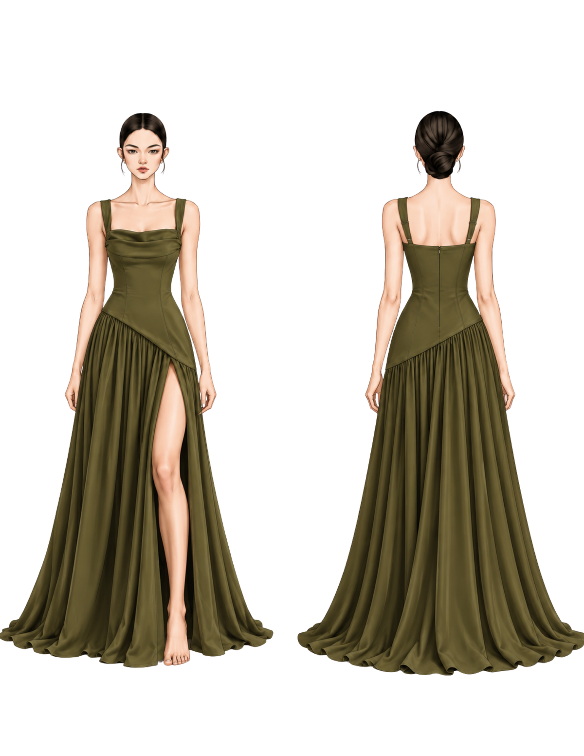 Front and back views of the ELYSIA 
formal maxi dress sewing pattern 
showing the fitted bodice, shoulder 
straps, back zipper and flowing skirt 
with a front slit