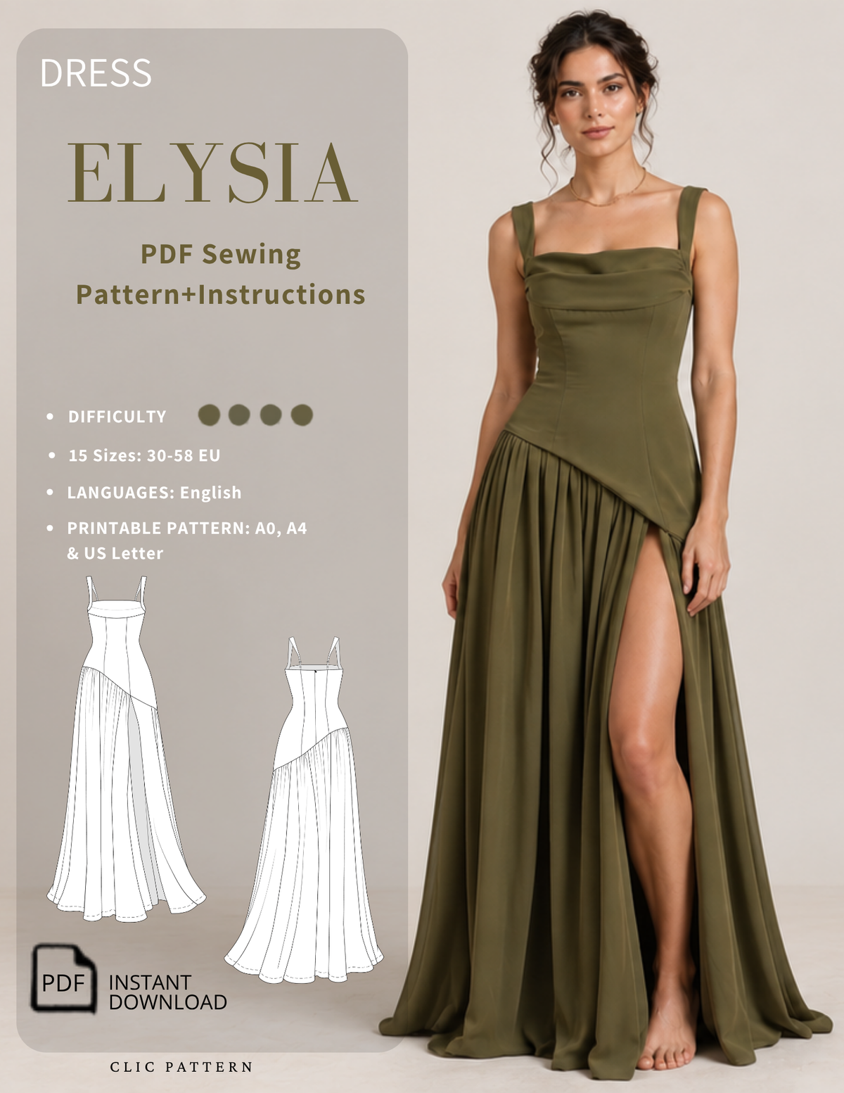 ELYSIA maxi dress sewing pattern 
featuring an olive green evening 
gown with a fitted bodice, square 
neckline, wide straps and high front 
slit