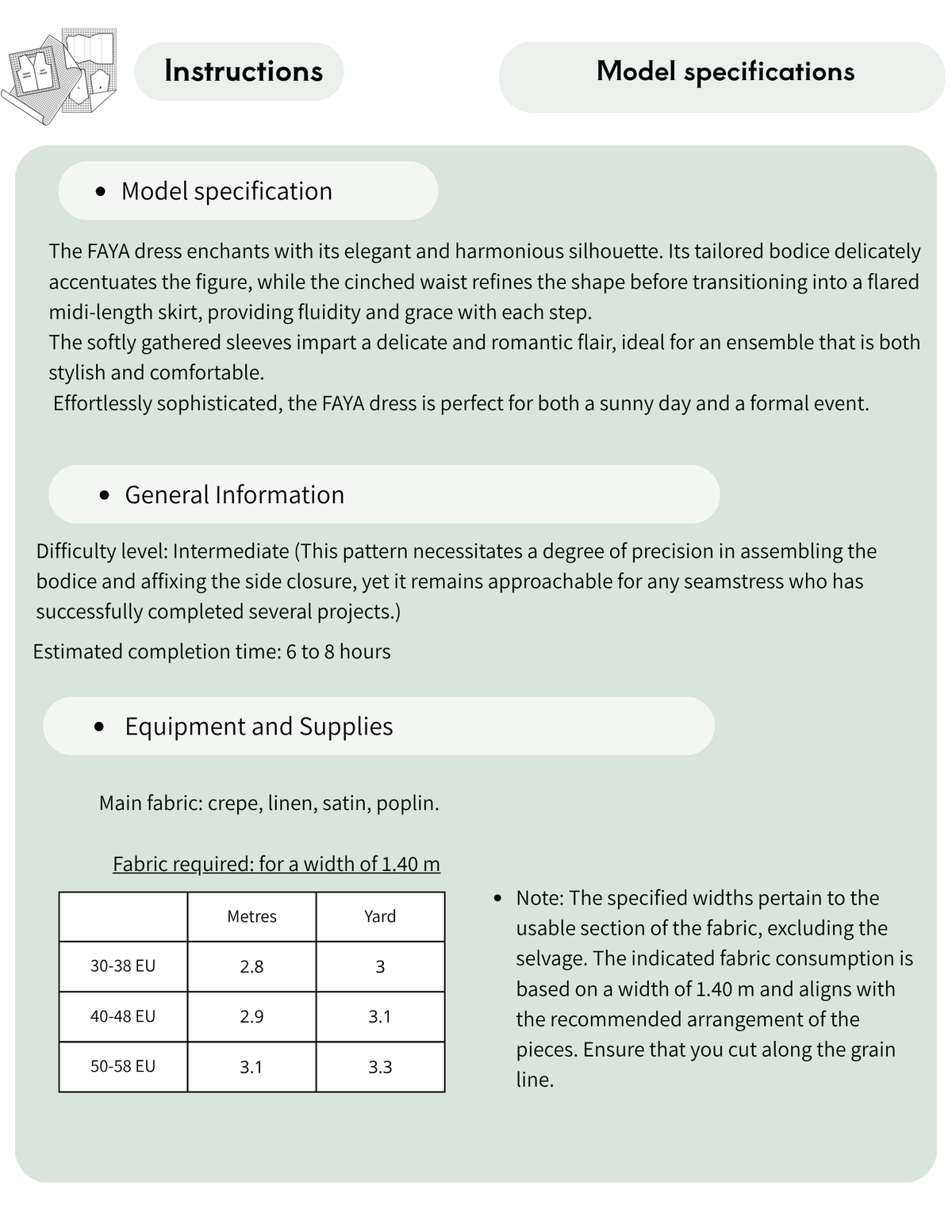 FAYA dress sewing pattern specifications with intermediate difficulty, 6 to 8 hour sewing time, fabric requirements and recommended fabrics.