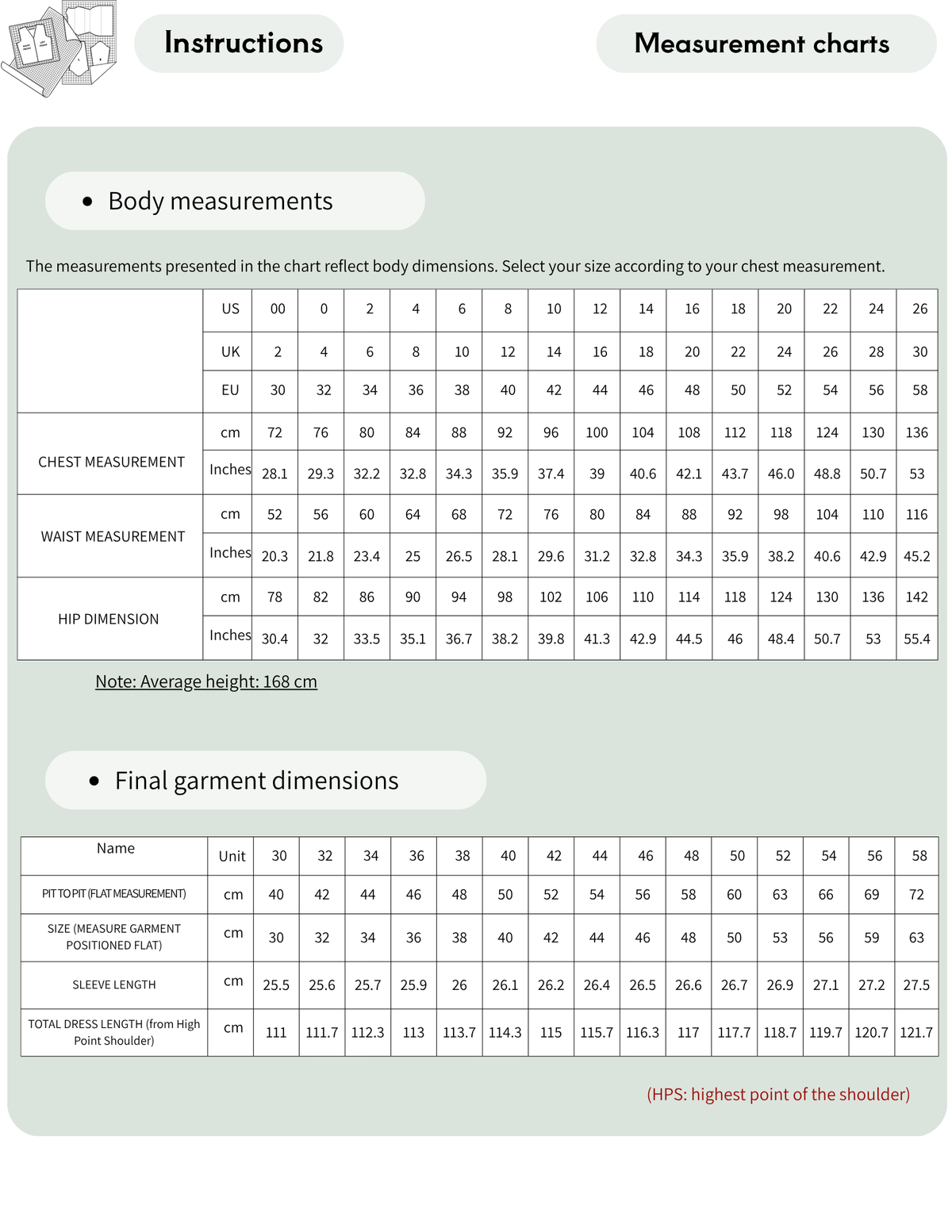 FAYA dress sewing pattern size chart showing body measurements and finished garment measurements for EU sizes 30 to 58