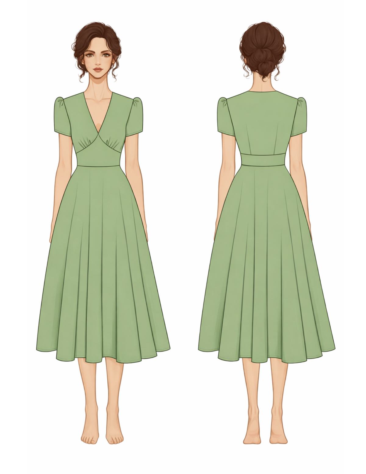 FAYA dress sewing pattern technical illustration showing front and back views with a wrap V-neck, puff sleeves, fitted waist and flared midi skirt.