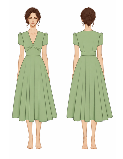 FAYA dress sewing pattern technical illustration showing front and back views with a wrap V-neck, puff sleeves, fitted waist and flared midi skirt.