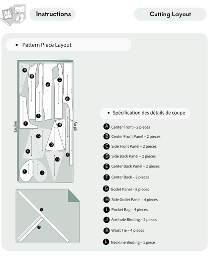 A cutting layout and instructions sheet showing a pattern piece layout diagram with labeled parts and a list of cutting specifications in French on a pale green background.