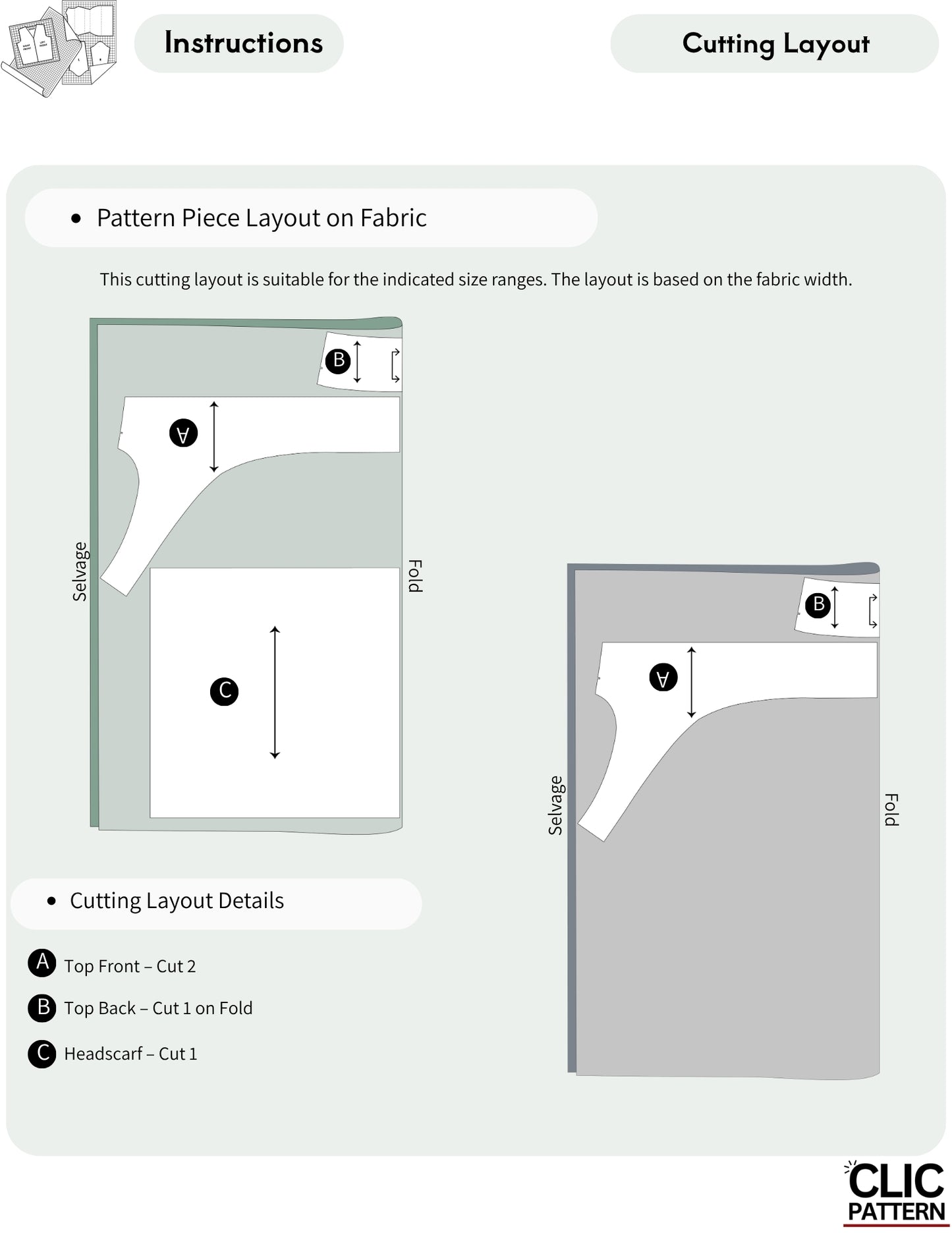 A digital instructions sheet showing pattern piece layout and cutting layout for a sewing pattern, with labeled diagrams, size markers, and a CLIC PATTERN logo in the bottom right corner.