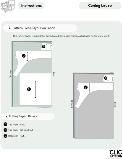 A digital instructions sheet showing pattern piece layout and cutting layout for a sewing pattern, with labeled diagrams, size markers, and a CLIC PATTERN logo in the bottom right corner.