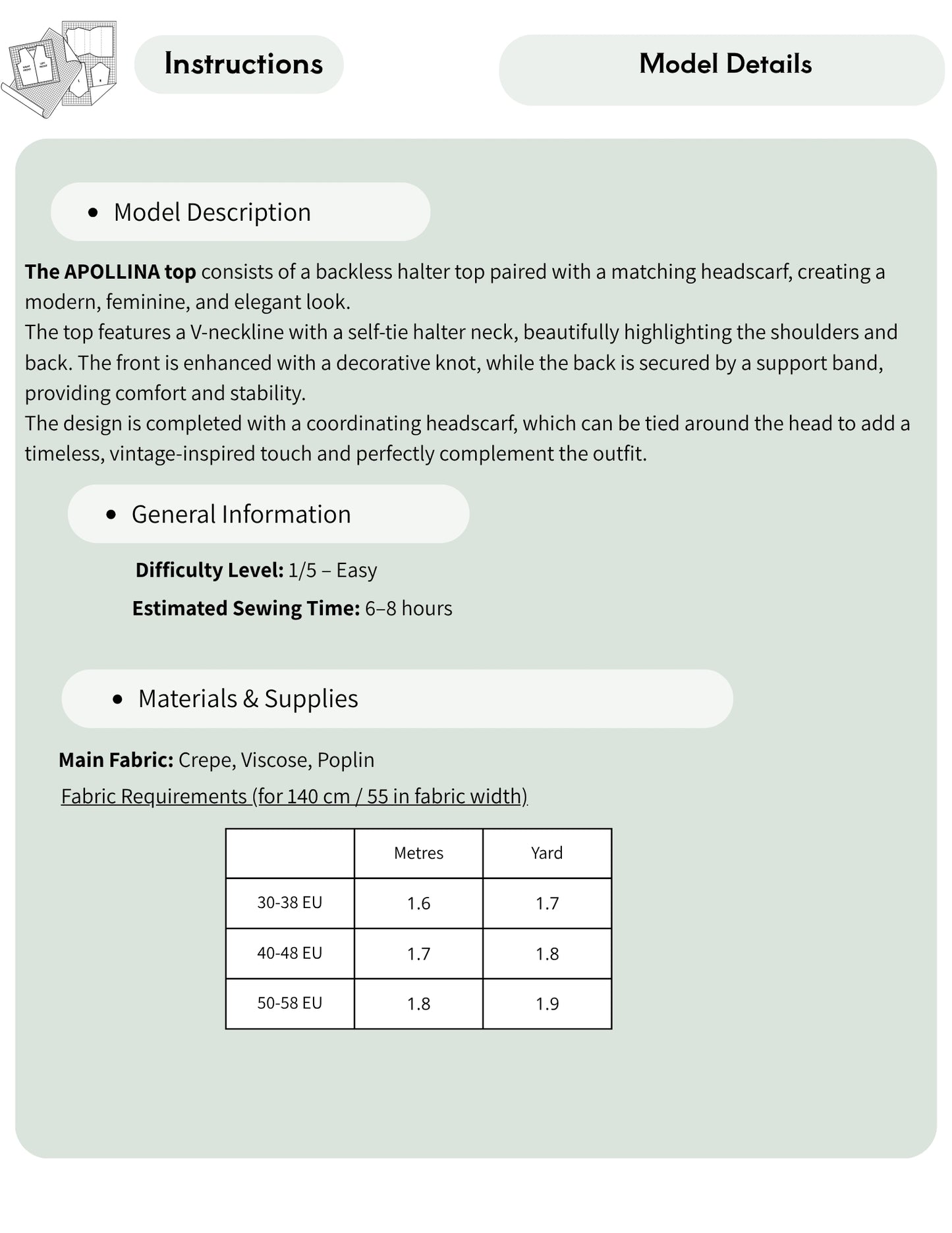 A digital sewing pattern instruction sheet for the Apollina top, showing model description, general information, and a fabric requirements table on a pale sage green background.