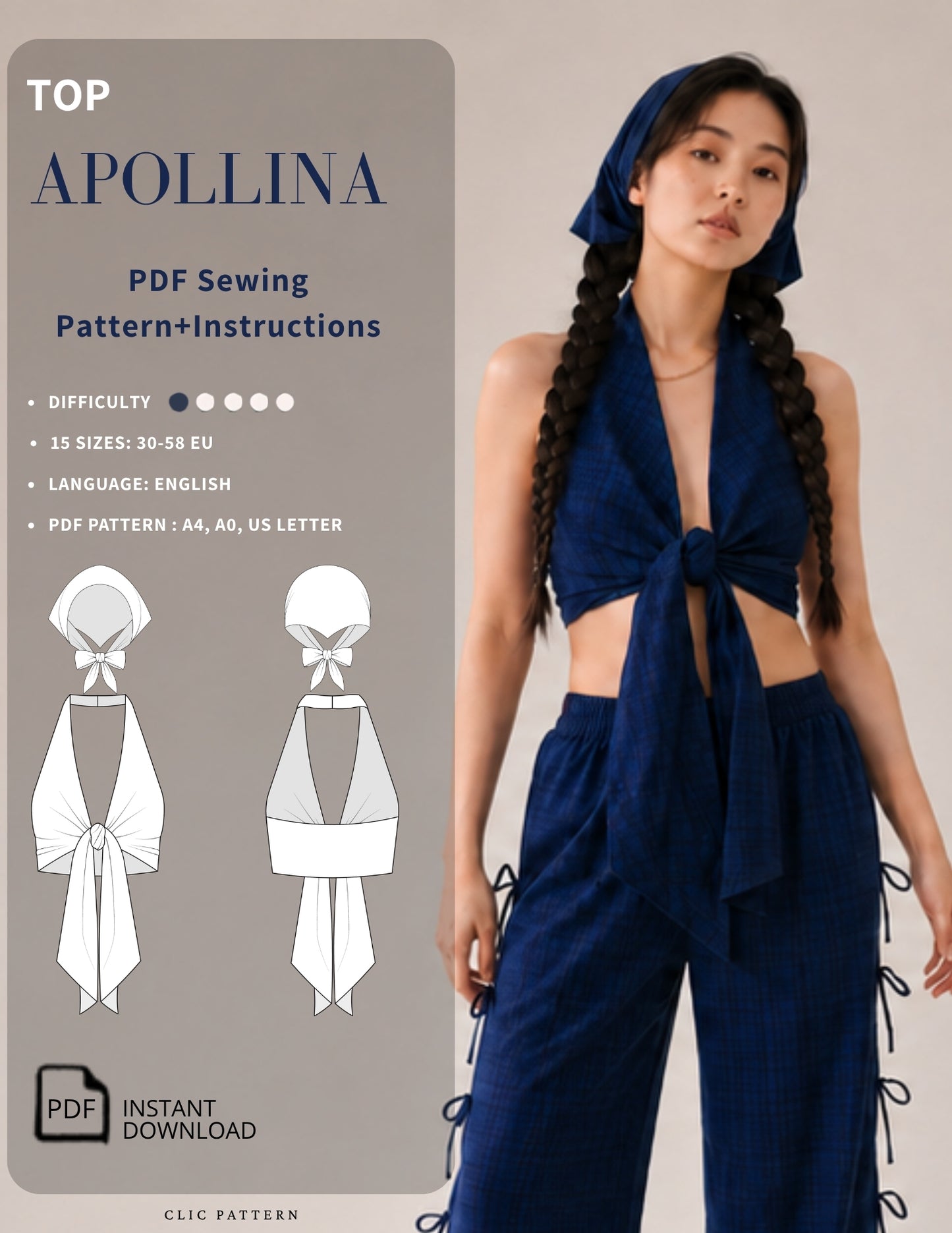 Promotional graphic for a PDF sewing pattern of the 'Apollina' outfit. The left side features a gray panel with the text 'TOP APOLLINA', 'PDF Sewing Pattern+Instructions', and size details, accompanied by black-and-white line drawings of the garment.