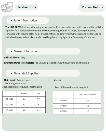 Pattern details for the IRIS Maxi Dress PDF including difficulty level, fabric 
recommendations, sewing supplies and yardage requirements