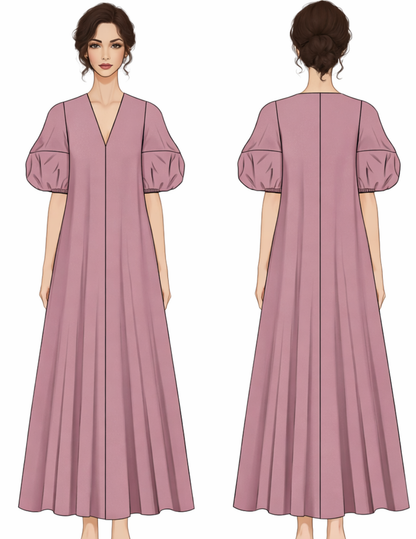 Front and back fashion illustration of the IRIS loose fit maxi dress sewing pattern with V-neck and puff sleeves