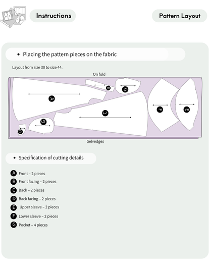Fabric layout guide showing pattern piece placement for the IRIS Maxi Dress sewing pattern in sizes EU 30 to 44