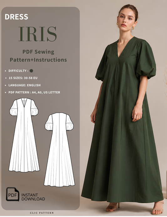 IRIS Maxi Dress Sewing Pattern PDF featuring a loose fit V-neck maxi dress with puff sleeves, digital sewing pattern for women with instant download, sizes EU 30–58