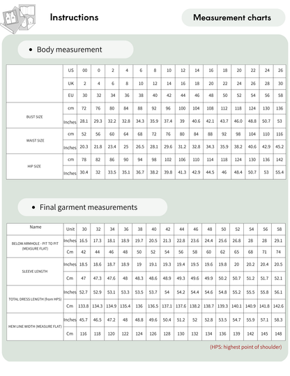Size chart for the IRIS Maxi Dress PDF sewing pattern including body 
measurements and finished garment measurements from EU 30 to EU 58