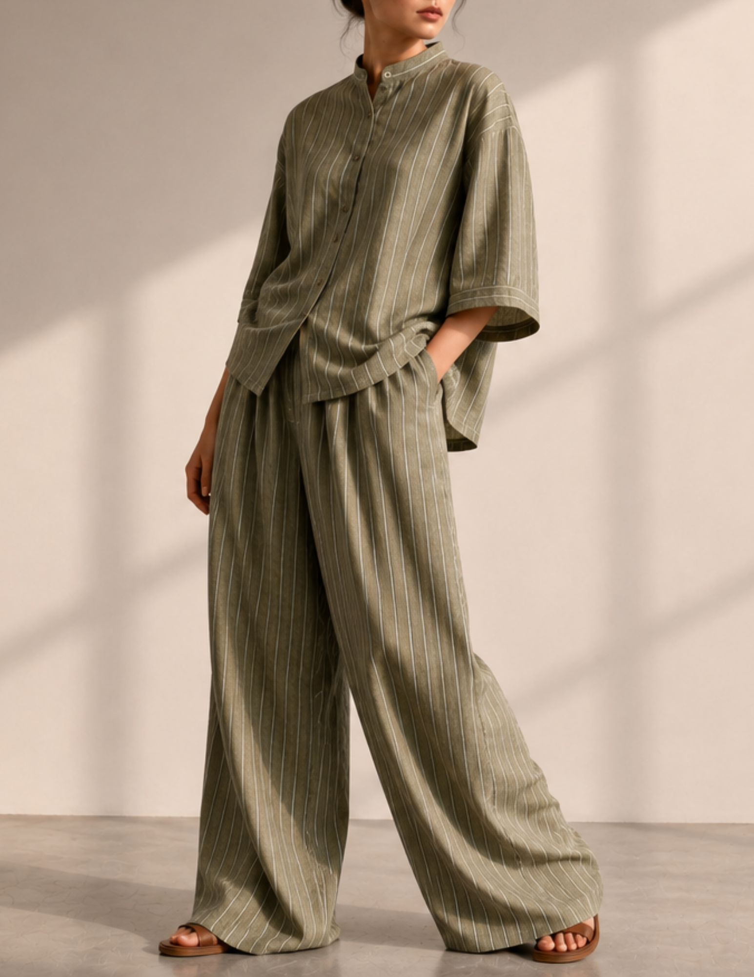 A model wearing a matching two-piece lounge set in olive green with thin vertical beige stripes, featuring a short-sleeve button-front top and wide-leg trousers, styled with brown leather sandals against a warm beige wall with soft window shadows.