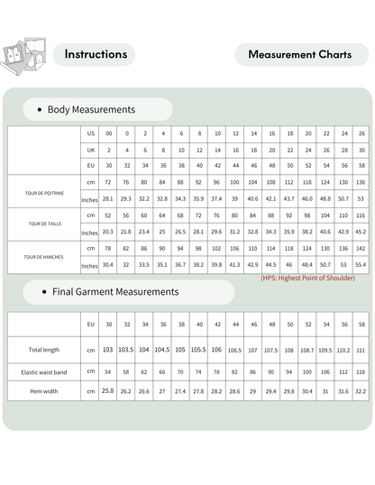 JENNA pants sewing pattern PDF 
measurement chart showing women's 
sizes EU 30–58.