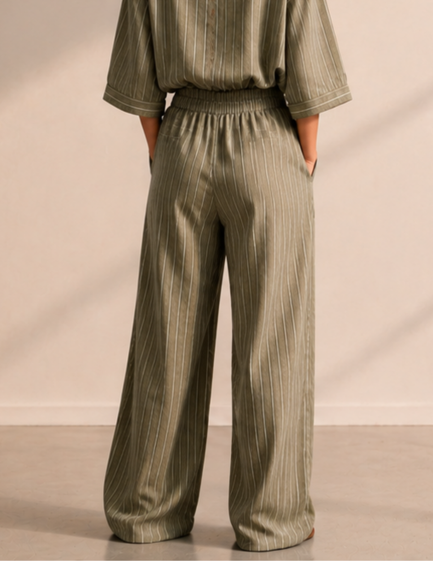 Back view of JENNA women's wide leg 
pants sewing pattern with relaxed 
wide-leg silhouette