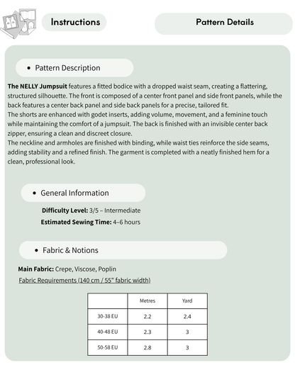 A sewing pattern information sheet for the Nelly Jumpsuit, showing pattern details, general information, and fabric requirements in a clean, structured layout.