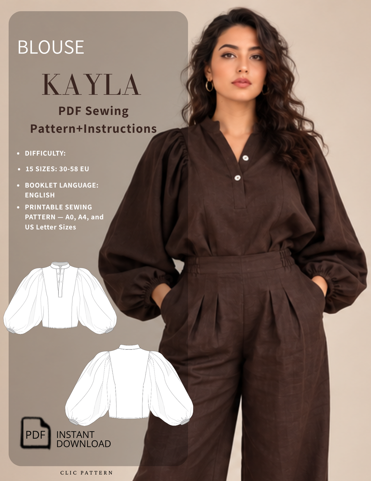 KAYLA women's puff sleeve blouse shown in brown with voluminous gathered 
sleeves, stand collar and front polo tab, alongside technical front and back 
illustrations of the sewing pattern.