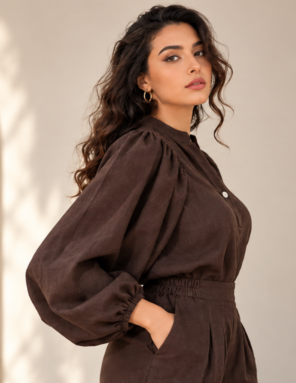 Woman wearing a brown puff sleeve blouse with gathered shoulders, 
voluminous long sleeves, mandarin collar, buttoned polo tab and elastic sleeve cuffs, shown in a close-up front three-quarter view.