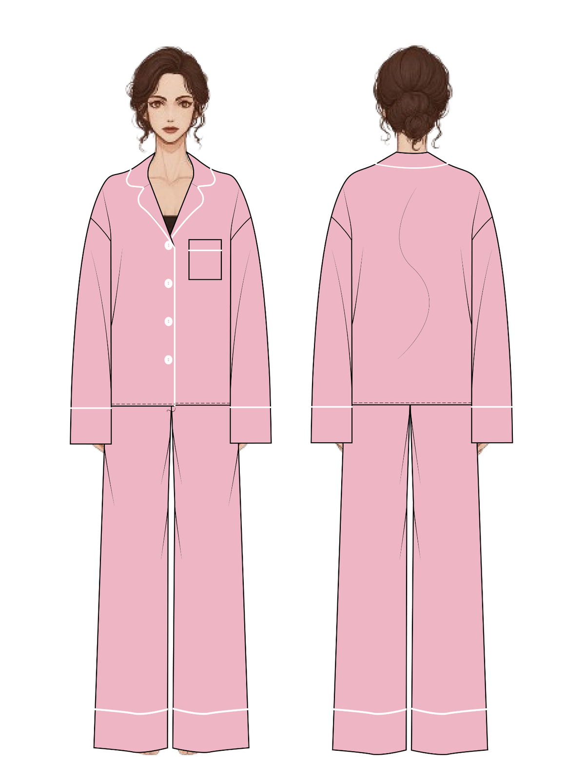 A fashion illustration showing a woman from the front and back wearing a pink pajama set with white piping details. The pajama set includes a long-sleeve button-up top with a chest pocket and matching wide-leg pants, set against a plain white background.