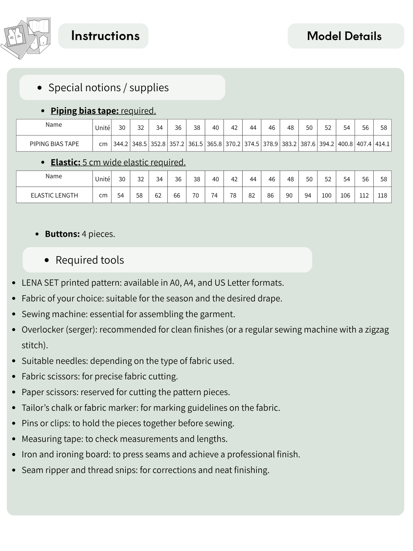 A light sage green instruction sheet titled 'Instructions' and 'Model Details' with tables and bullet points listing materials, tools, and measurements for garment assembly.