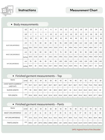 A digital measurement chart and instructions sheet for garment sizing, featuring tables for body measurements, finished garment measurements for tops and pants, and a small illustration of a sewing machine.