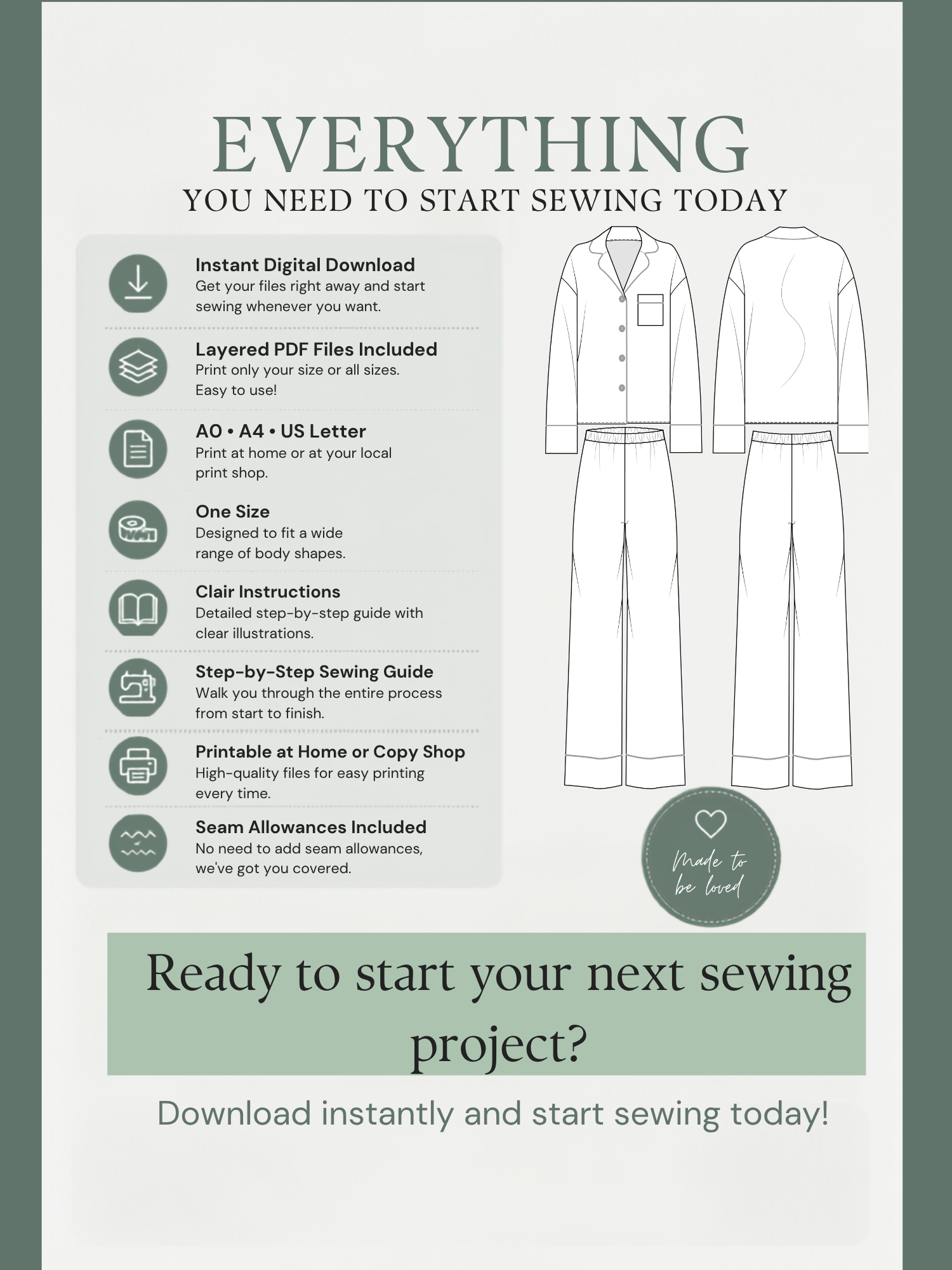 Promotional graphic for a sewing pattern bundle, featuring a line drawing of a button-up shirt and matching pants. The left side lists features like instant digital download, layered PDF files, AO/A4-US letter size, clear instructions, and printable home or copy shop options.