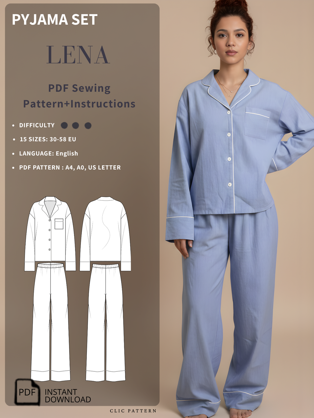 Promotional graphic for a PDF sewing pattern of a pajama set named Lena. The left side features a dark brown panel with text detailing the pattern's difficulty, sizes, and language, alongside white line-art illustrations of the pajama set.