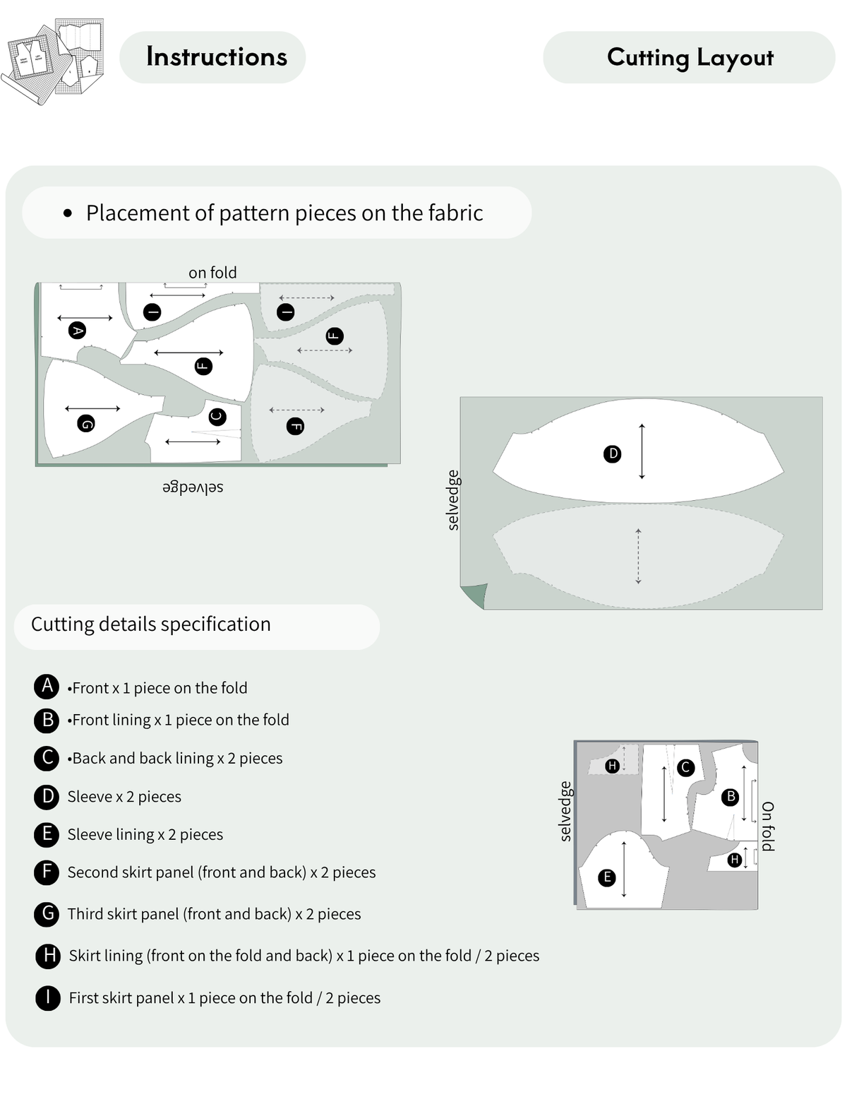 A light gray instructions sheet showing cutting layout and placement of pattern pieces on fabric, with labeled diagrams, a list of cutting details, and a small logo in the top left corner.