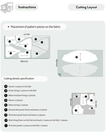 A light gray instructions sheet showing cutting layout and placement of pattern pieces on fabric, with labeled diagrams, a list of cutting details, and a small logo in the top left corner.