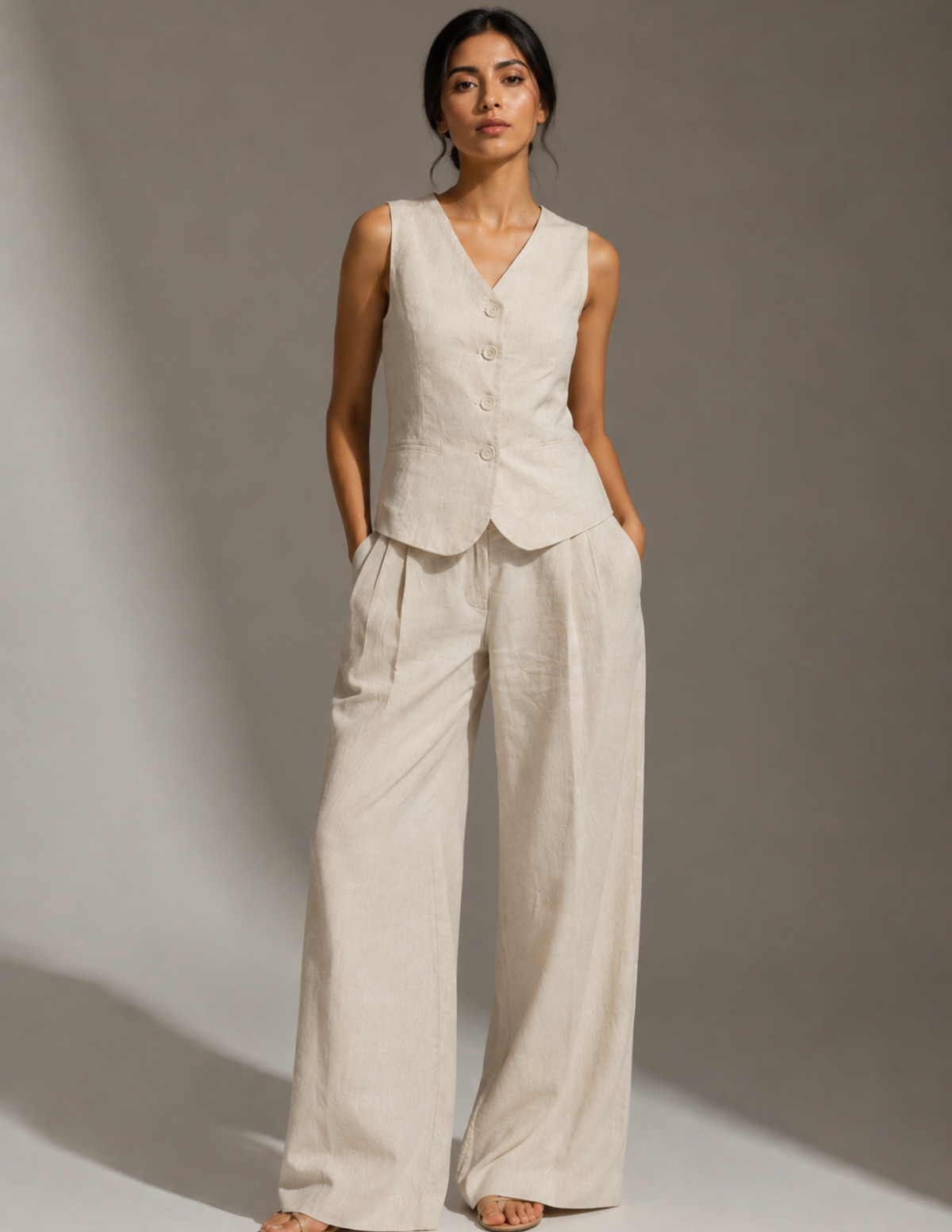 A woman modeling a light beige linen two-piece set consisting of a sleeveless button-front vest and matching wide-leg trousers, photographed against a neutral gray studio backdrop.