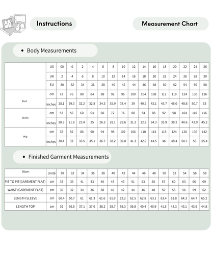 A measurement chart and instructions sheet showing body measurements and finished garment measurements in a grid format with labels for US, EU, UK, and inches.