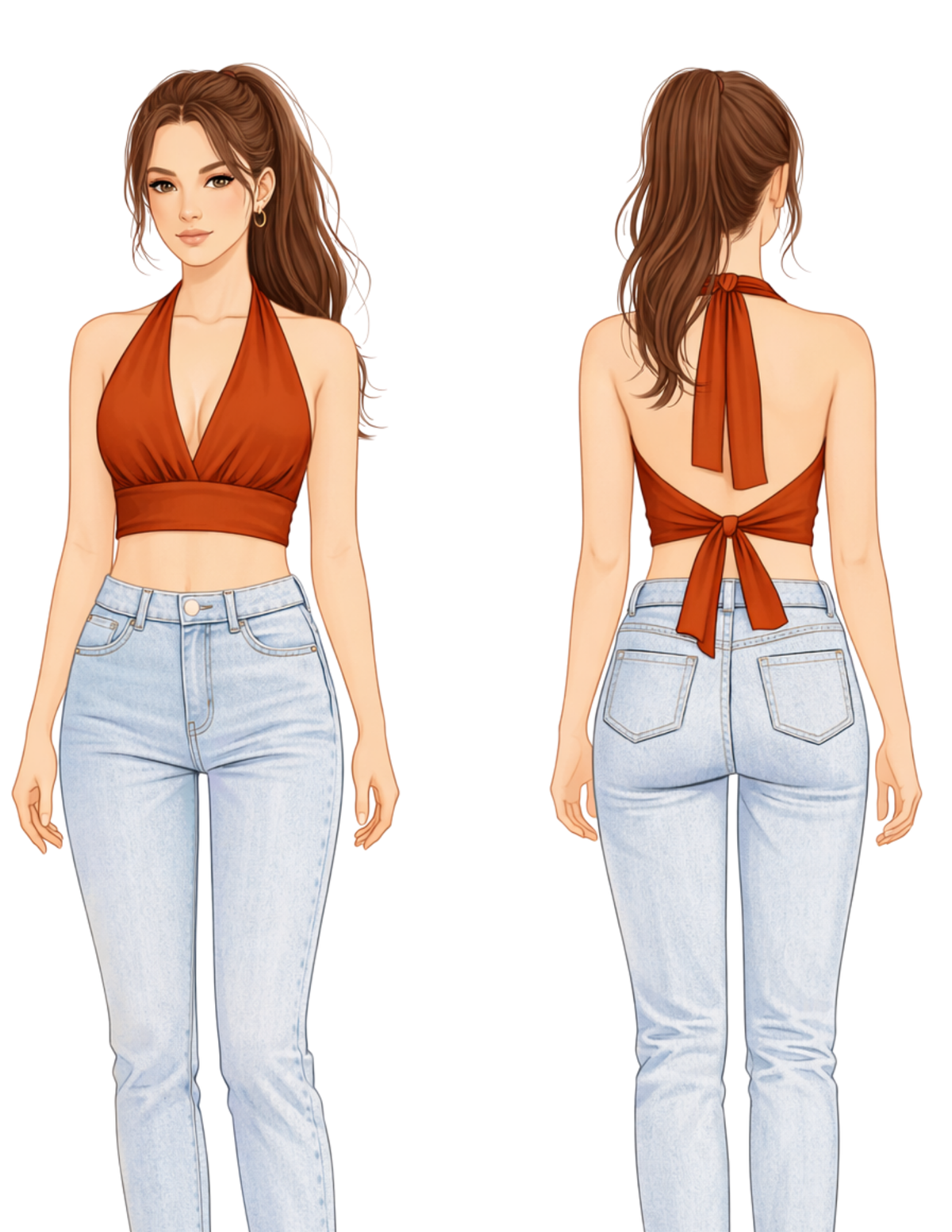 Technical fashion illustration of the LUNA halter top showing front and open tie-back views