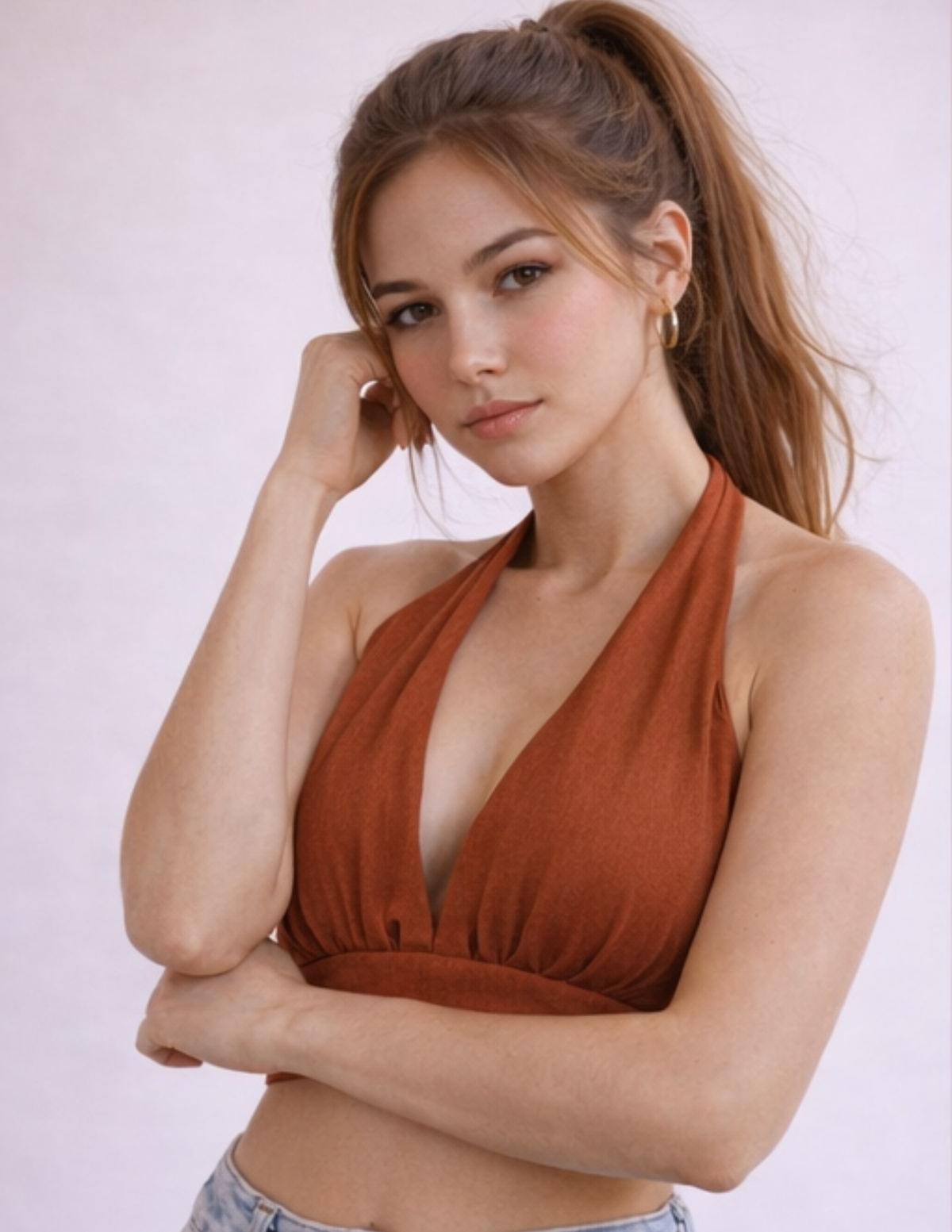 Woman wearing the LUNA halter top with plunging V-neck, gathered bust and wide underbust band