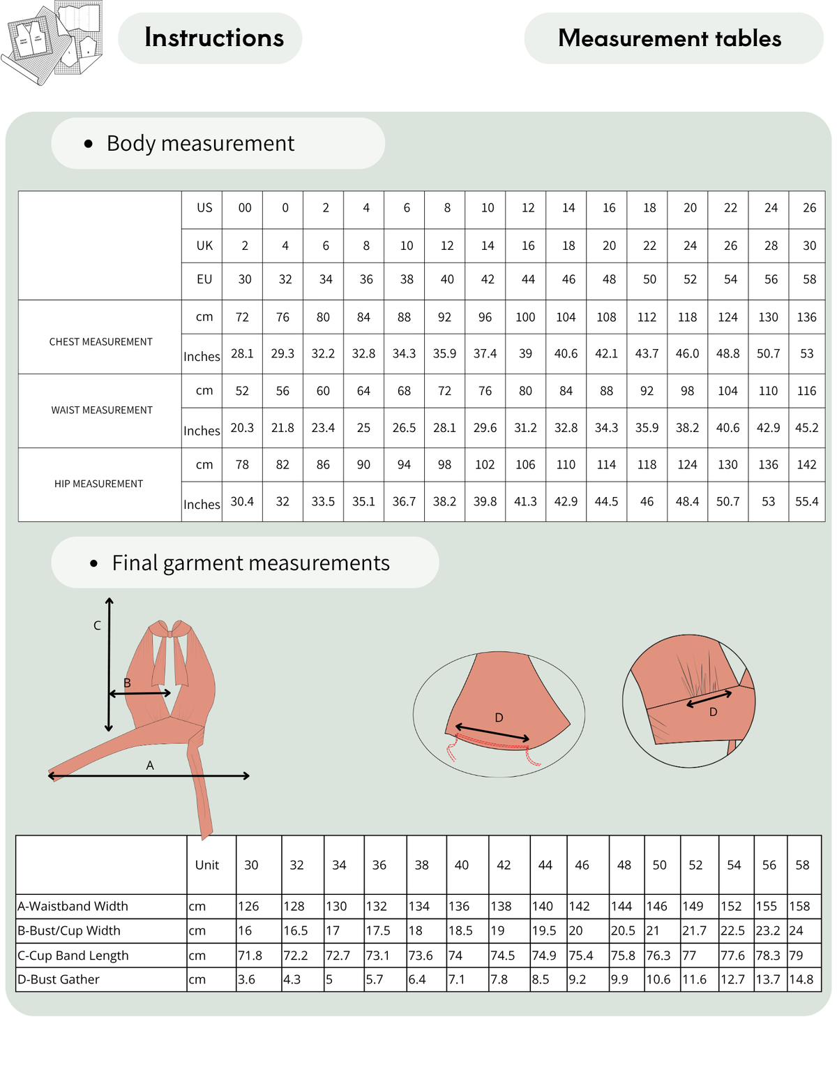 LUNA halter top PDF sewing pattern size chart with body and finished garment measurements EU 30 to 58