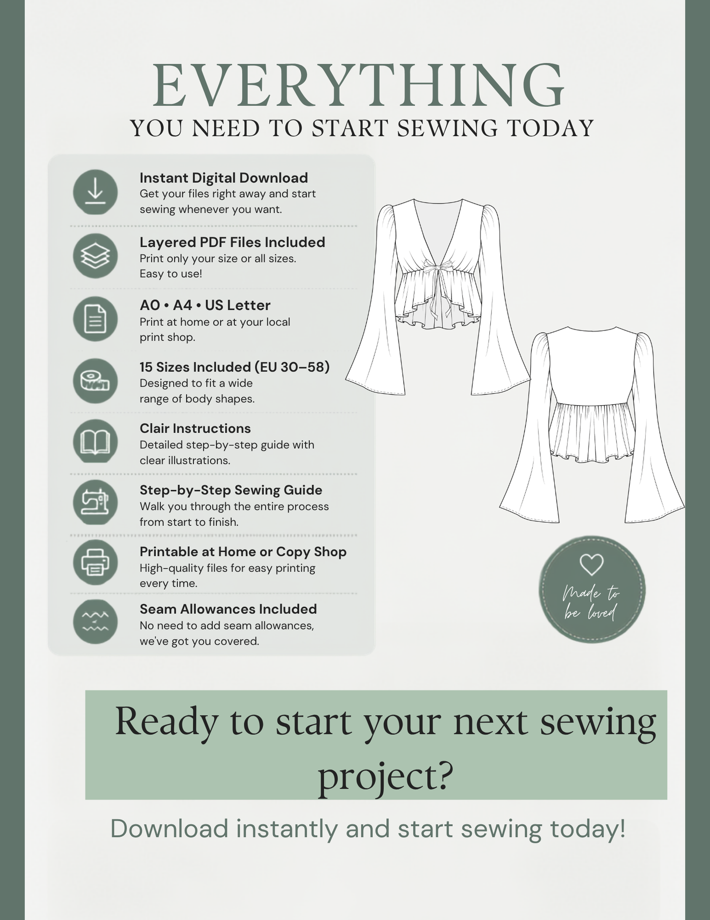 Promotional graphic for a digital sewing pattern download, featuring line drawings of a V-neckline dress and a long skirt on a light gray background with dark green text and icons.