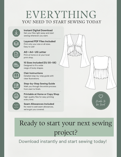 Promotional graphic for a digital sewing pattern download, featuring line drawings of a V-neckline dress and a long skirt on a light gray background with dark green text and icons.