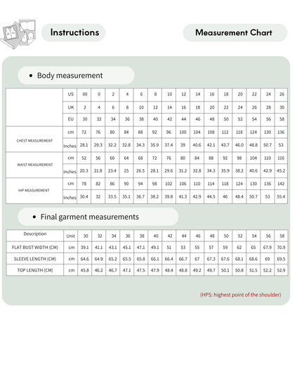 A measurement chart and instructions sheet for apparel sizing, showing body measurement tables in US, EU, and UK with chest, waist, and hip measurements, plus a final garment measurements table.