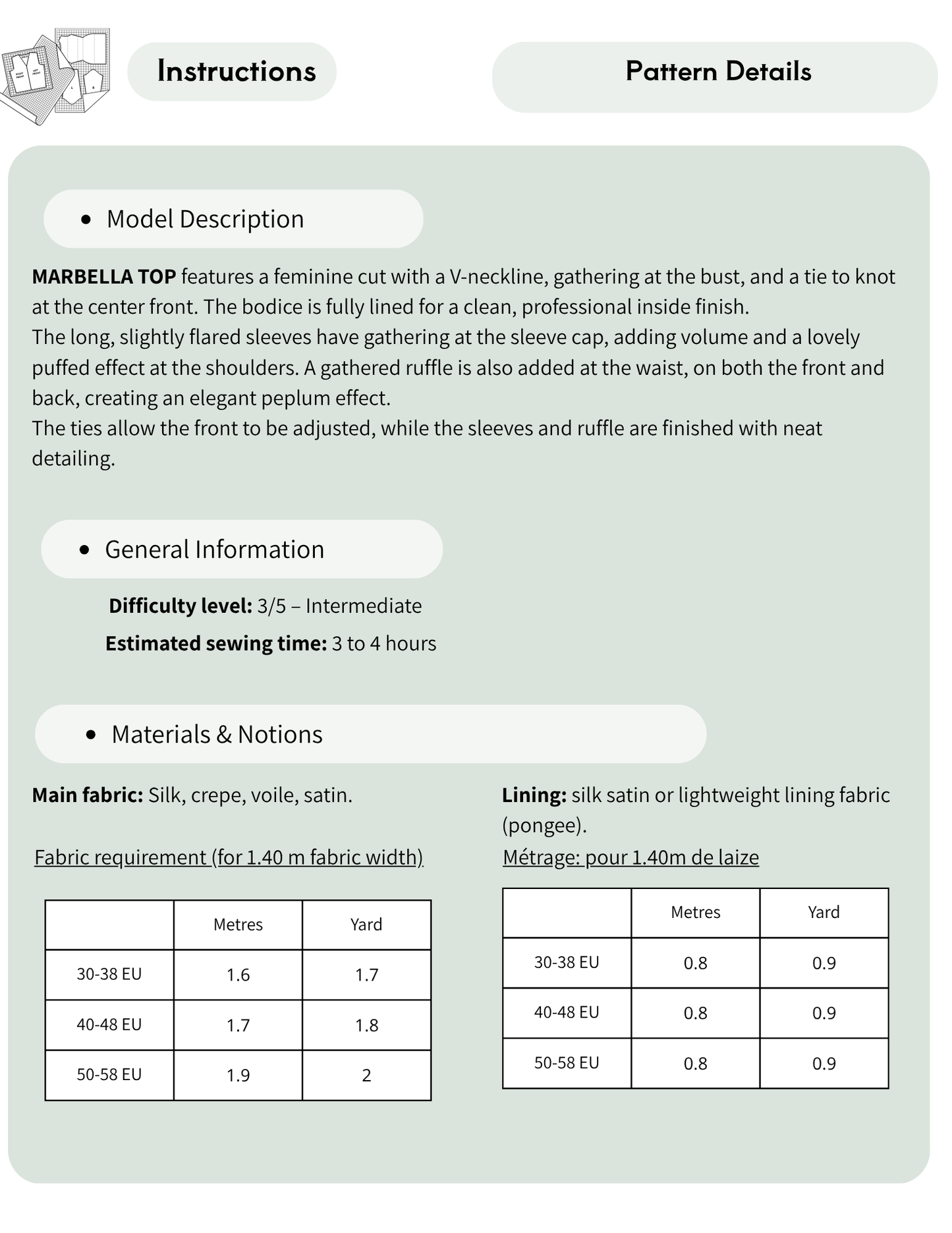 A sewing pattern instruction sheet titled 'Instructions' and 'Pattern Details' showing model description, general info, materials, and measurement tables for a marbella top.