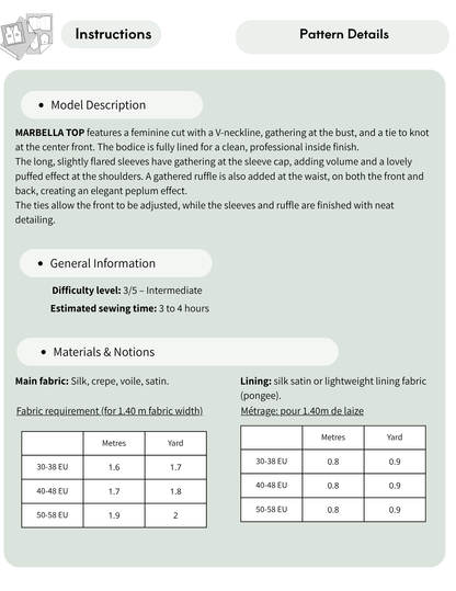 A sewing pattern instruction sheet titled 'Instructions' and 'Pattern Details' showing model description, general info, materials, and measurement tables for a marbella top.