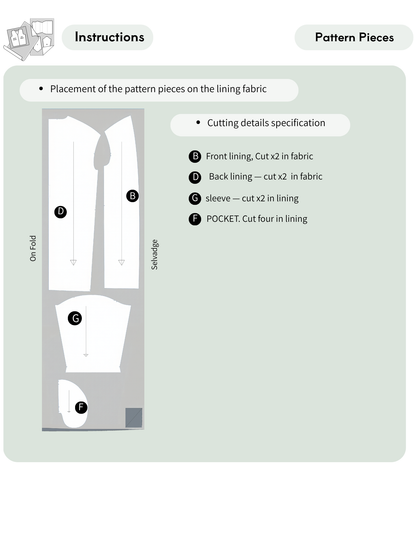 Marlie coat sewing pattern lining pieces 
showing front lining, back lining, sleeve 
lining and pocket pieces with cutting 
instructions