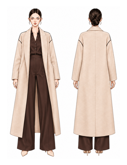 Marlie coat sewing pattern technical 
illustration showing the front and back 
views of the long women's coat with 
shawl collar, dropped shoulders, long 
sleeves and clean back design