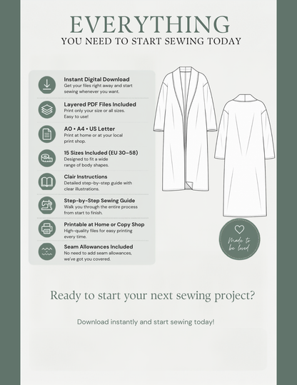 Marlie PDF coat sewing pattern features 
including instant download, layered PDF 
files, A0, A4 and US Letter formats, 15 
sizes EU 30–58, step-by-step instructions 
and included seam allowances