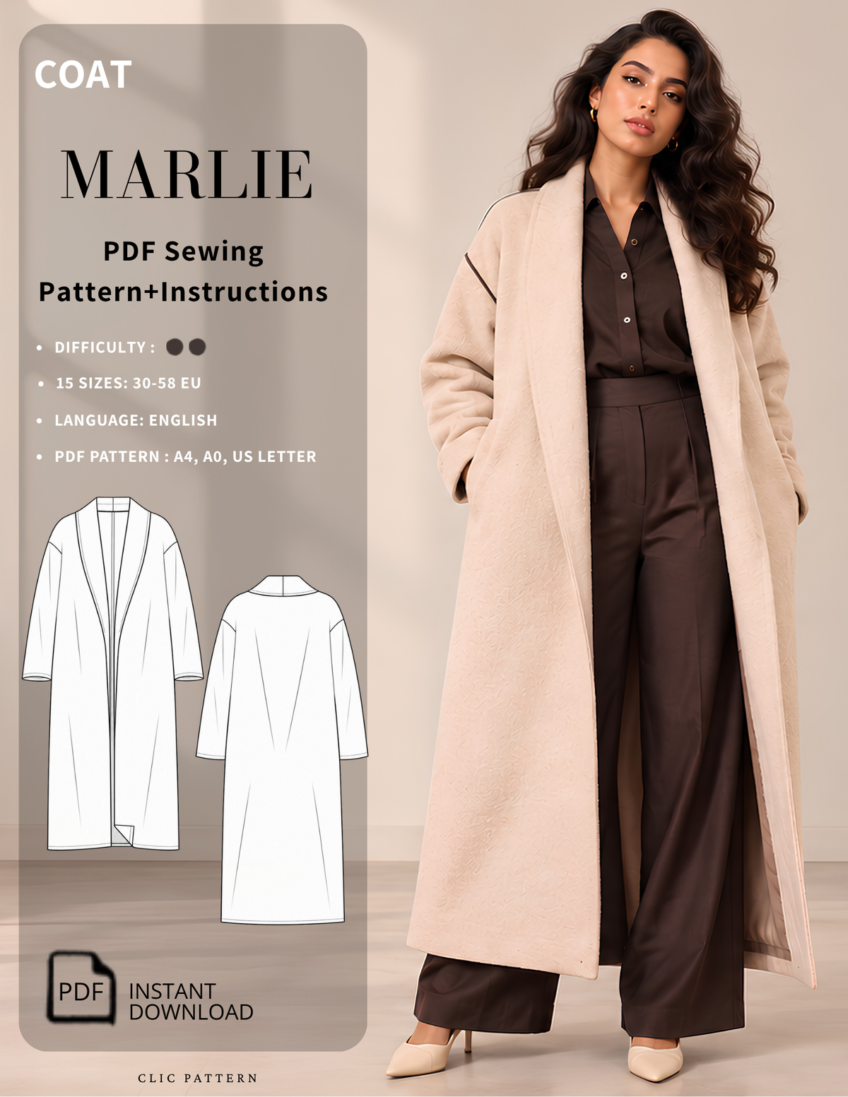 Marlie women's long coat PDF sewing 
pattern featuring a shawl collar, long 
sleeves, relaxed silhouette, side pockets 
and fully lined construction, available in 
EU sizes 30–58