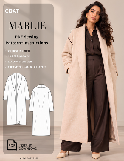 Marlie women's long coat PDF sewing 
pattern featuring a shawl collar, long 
sleeves, relaxed silhouette, side pockets 
and fully lined construction, available in 
EU sizes 30–58