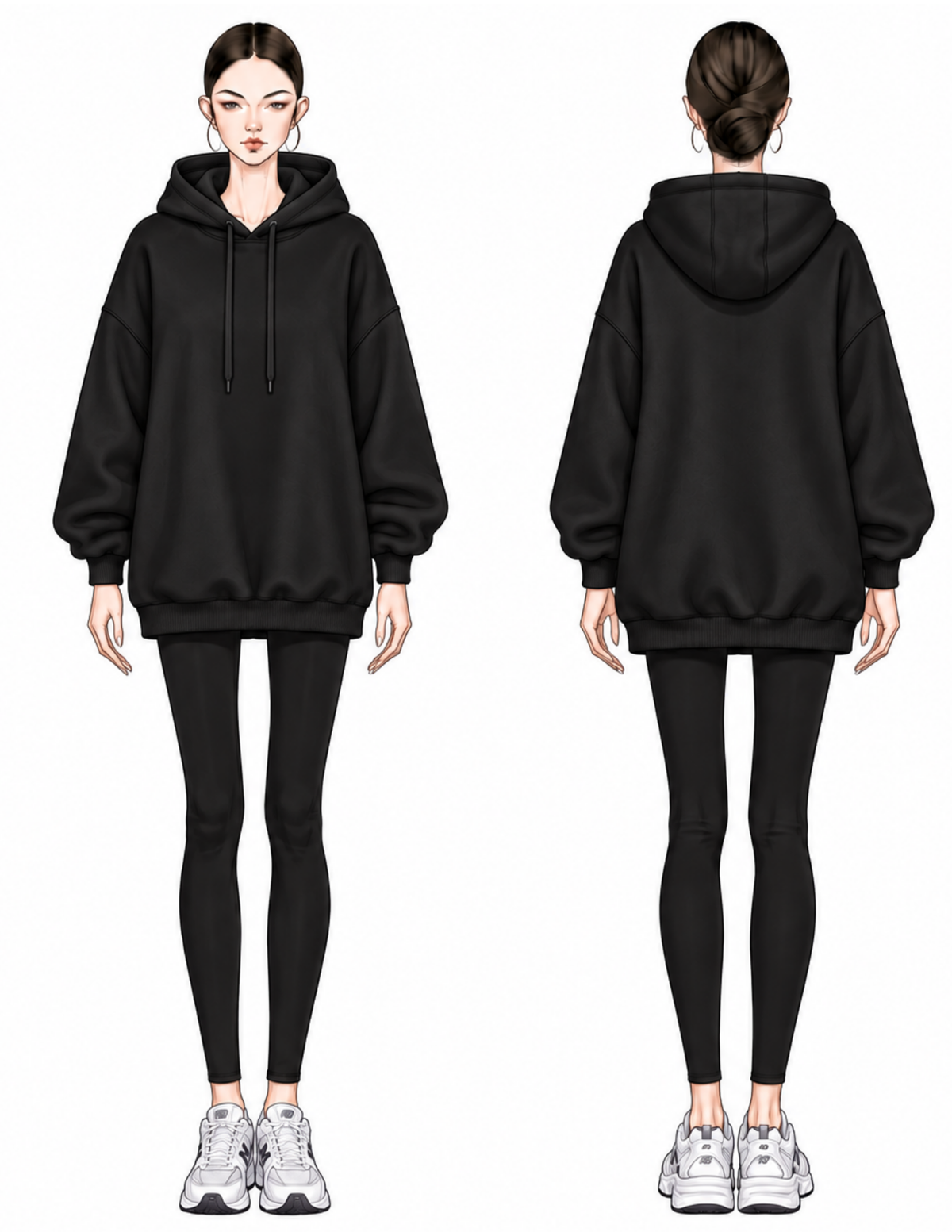 Front and back technical views of 
the Melani women's oversized 
hoodie, showing the drawstring 
hood, dropped shoulders, 
voluminous sleeves, ribbed cuffs and 
relaxed below-hip silhouette