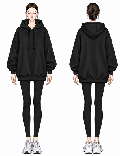 Front and back technical views of 
the Melani women's oversized 
hoodie, showing the drawstring 
hood, dropped shoulders, 
voluminous sleeves, ribbed cuffs and 
relaxed below-hip silhouette