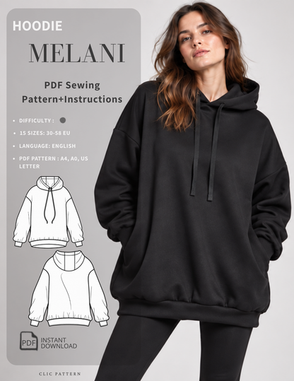 Women's oversized hoodie sewing 
pattern PDF cover showing a black 
relaxed-fit hoodie with drawstring 
hood, dropped shoulders, 
voluminous sleeves, ribbed cuffs and 
bottom band, with 15 EU 30–58 sizes 
and A4, A0 and US Letter formats.